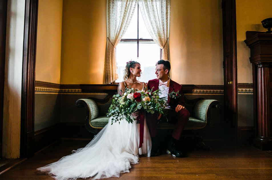 Bride and groom inside the manor house at SMF