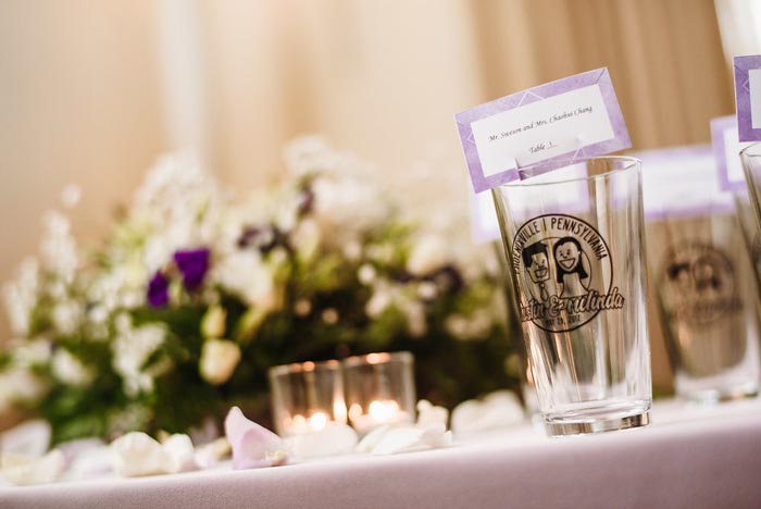 Pint glass favors at the Chang Phoenixville Foundry wedding