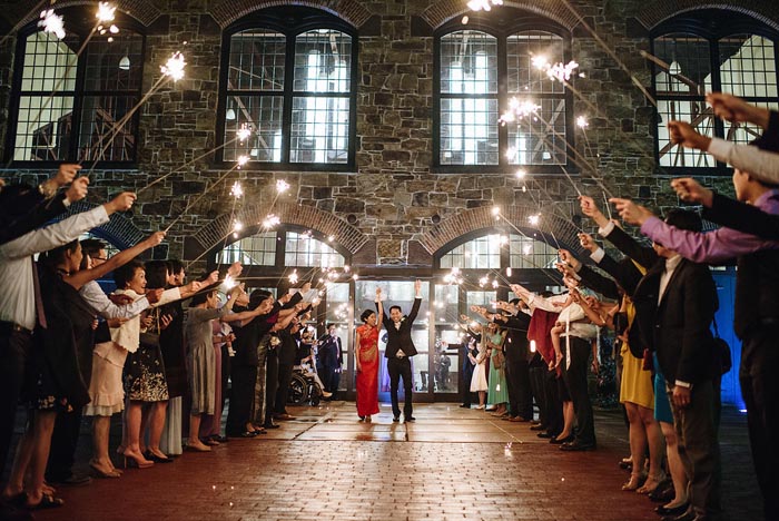 A bright sendoff of sparklers for the Chang wedding at Phoenixville Foundry